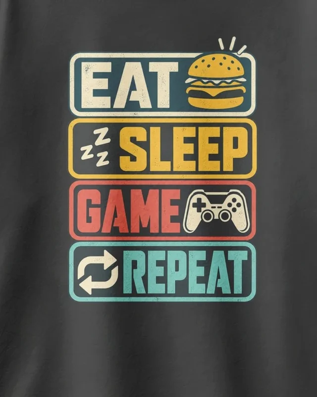 Eat Sleep Game Repeat Oversized T-Shirt in Black — design detail