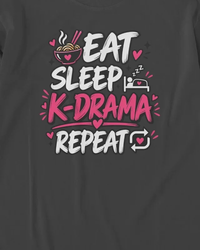 Eat Sleep K-Drama Repeat Long-Sleeve T-Shirt in Black — design detail