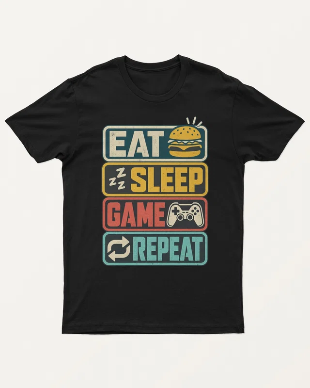Eat Sleep Game Repeat Regular T-Shirt in Black — front