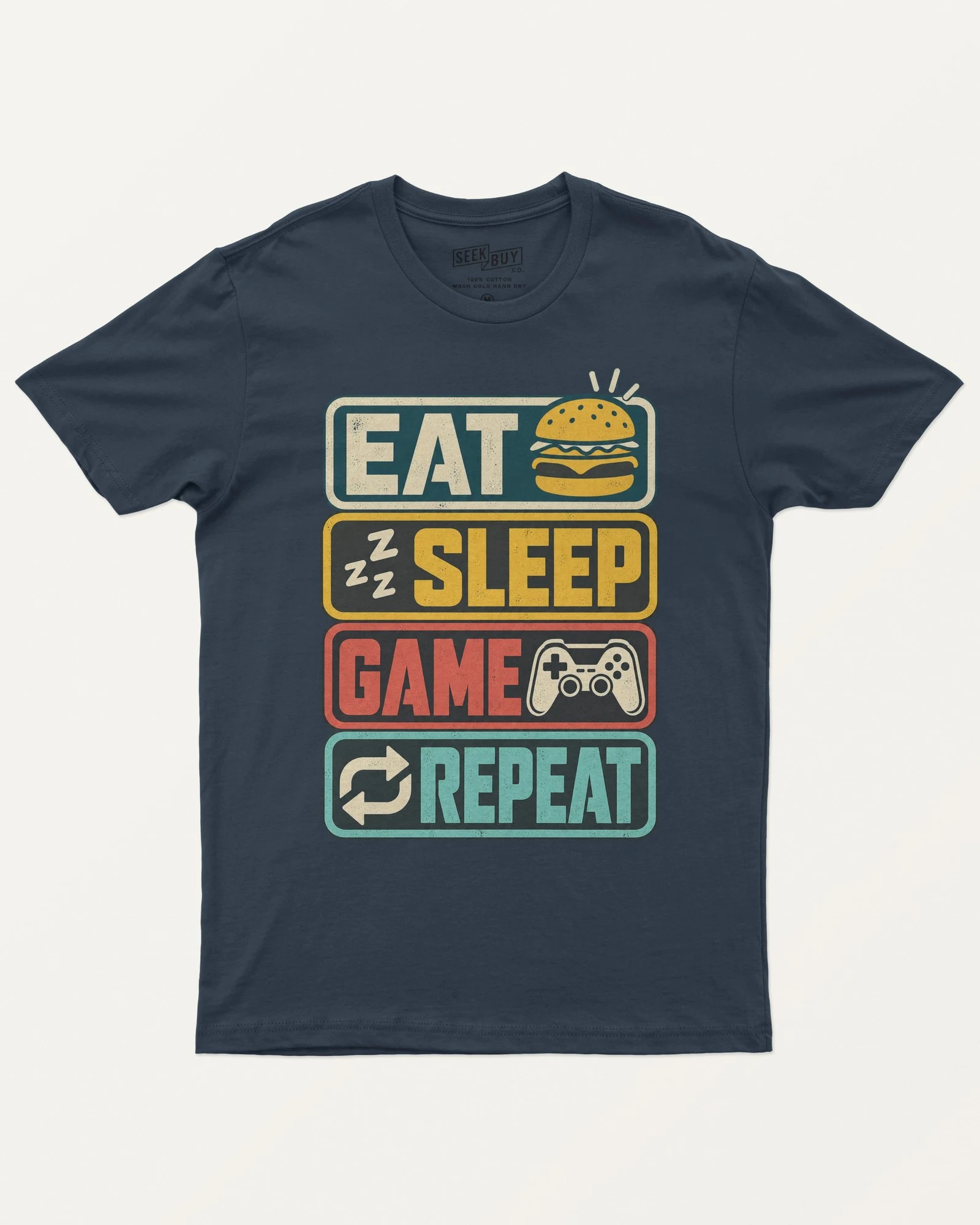 Eat Sleep Game Repeat Regular T-Shirt in Navy Blue — front Eat Sleep Game Repeat Regular T-Shirt in Navy Blue — front