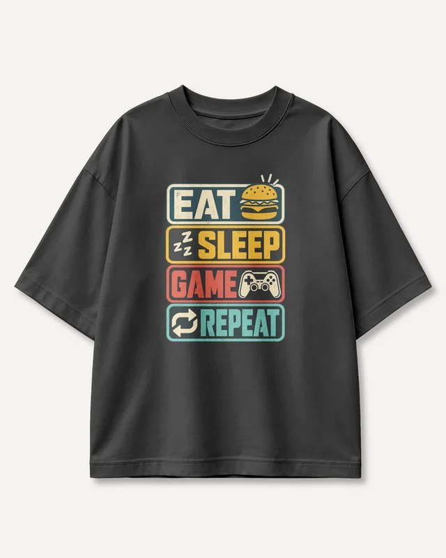 Eat Sleep Game Repeat Oversized T-Shirt in Black — front