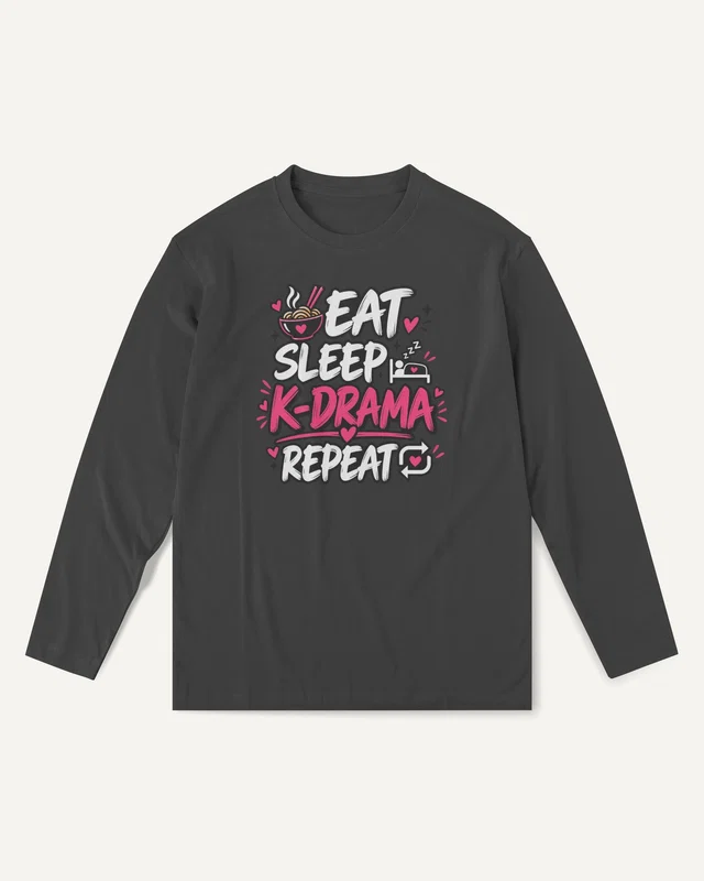 Eat Sleep K-Drama Repeat Long-Sleeve T-Shirt in Black — front
