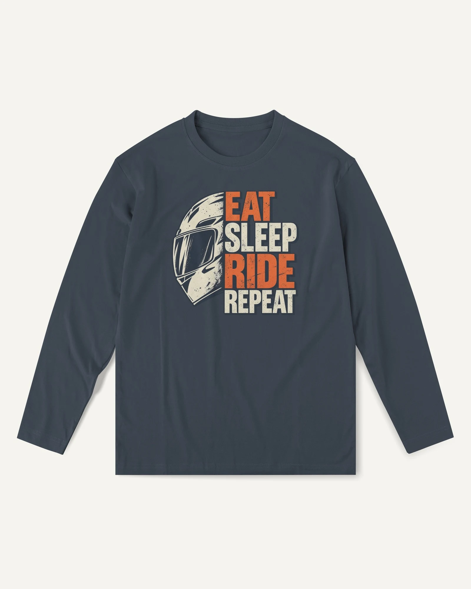 Eat Sleep Ride Repeat - Orange Helmet Long-Sleeve T-Shirt in Navy Blue — front Eat Sleep Ride Repeat - Orange Helmet Long-Sleeve T-Shirt in Navy Blue — front