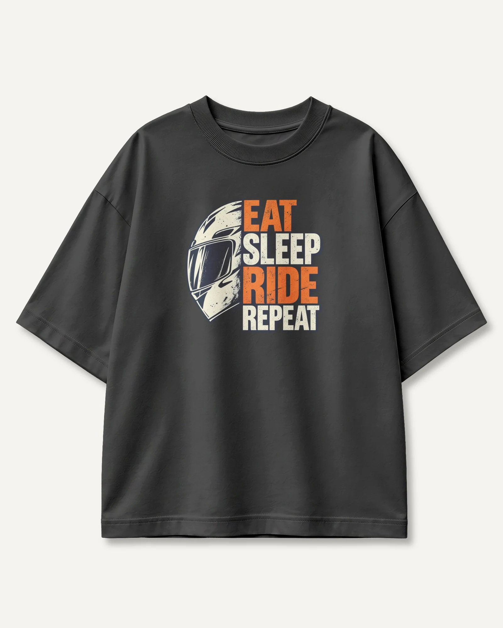 Eat Sleep Ride Repeat - Orange Helmet Oversized T-Shirt in Black — front Eat Sleep Ride Repeat - Orange Helmet Oversized T-Shirt in Black — front