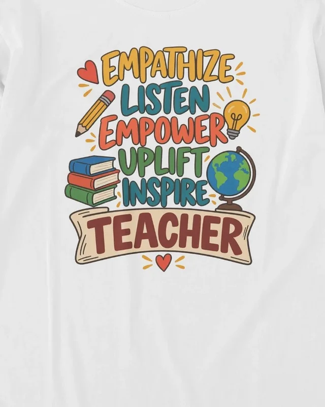 Empathize Listen Empower Uplift Inspire Teacher Long-Sleeve T-Shirt in White — design detail