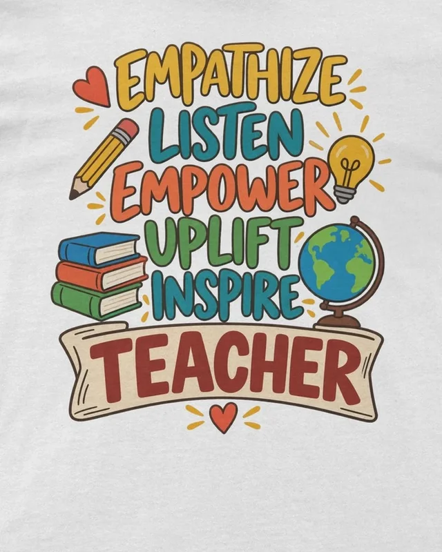 Empathize Listen Empower Uplift Inspire Teacher Regular T-Shirt in White — design detail
