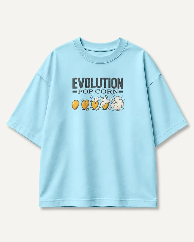 Popcorn Evolution Oversized T-Shirt in Baby Blue — front