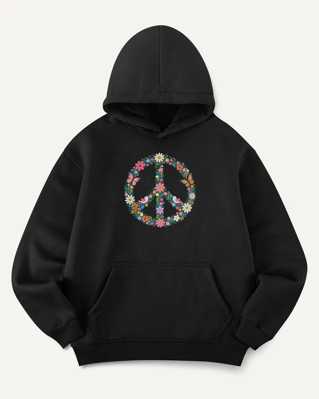 Floral Peace Graphic Hoodie in Black — front