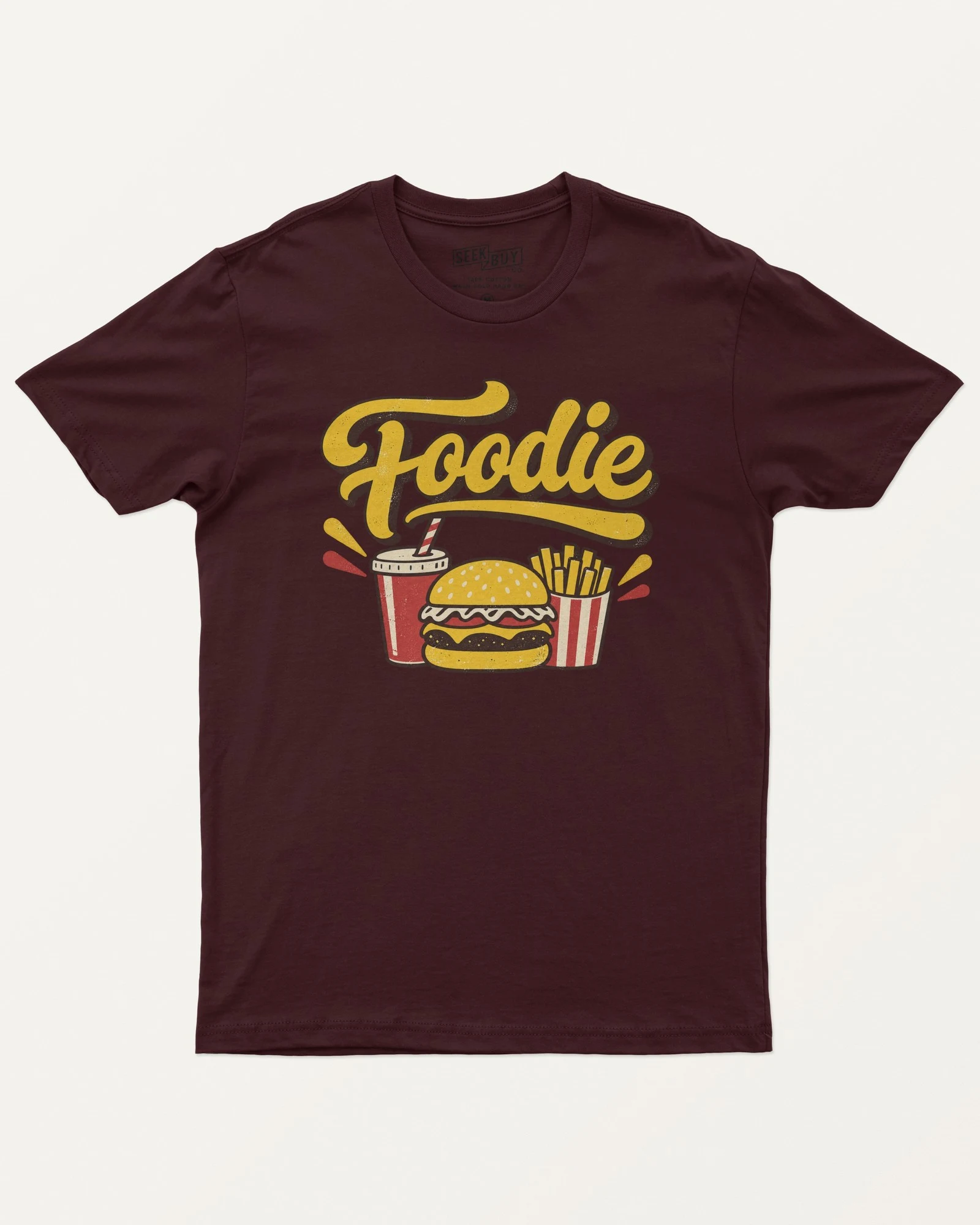 Foodie Burger and Fries Regular T-Shirt in Maroon — front Foodie Burger and Fries Regular T-Shirt in Maroon — front