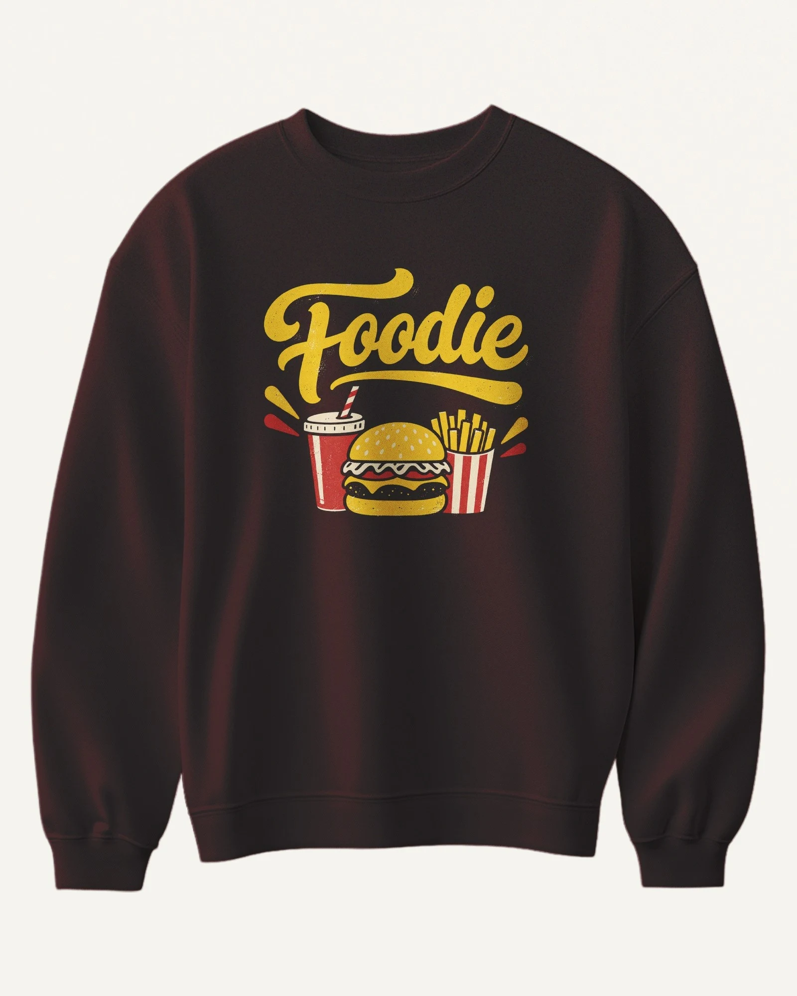 Foodie Burger and Fries Sweatshirt in Maroon — front Foodie Burger and Fries Sweatshirt in Maroon — front