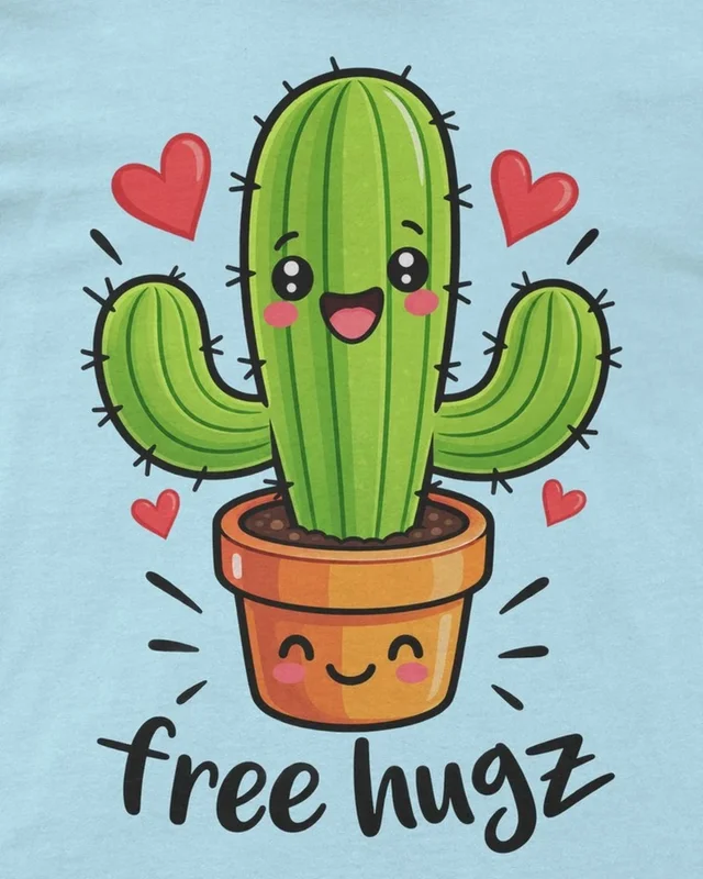Free Hugz Cactus Regular T-Shirt in Baby Blue — design detail