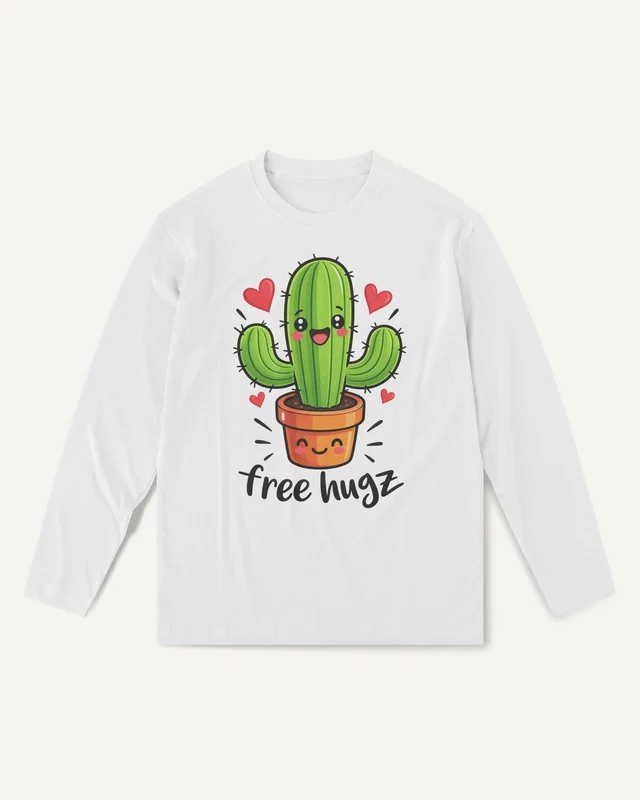 Free Hugz Cactus Long-Sleeve T-Shirt in White — front