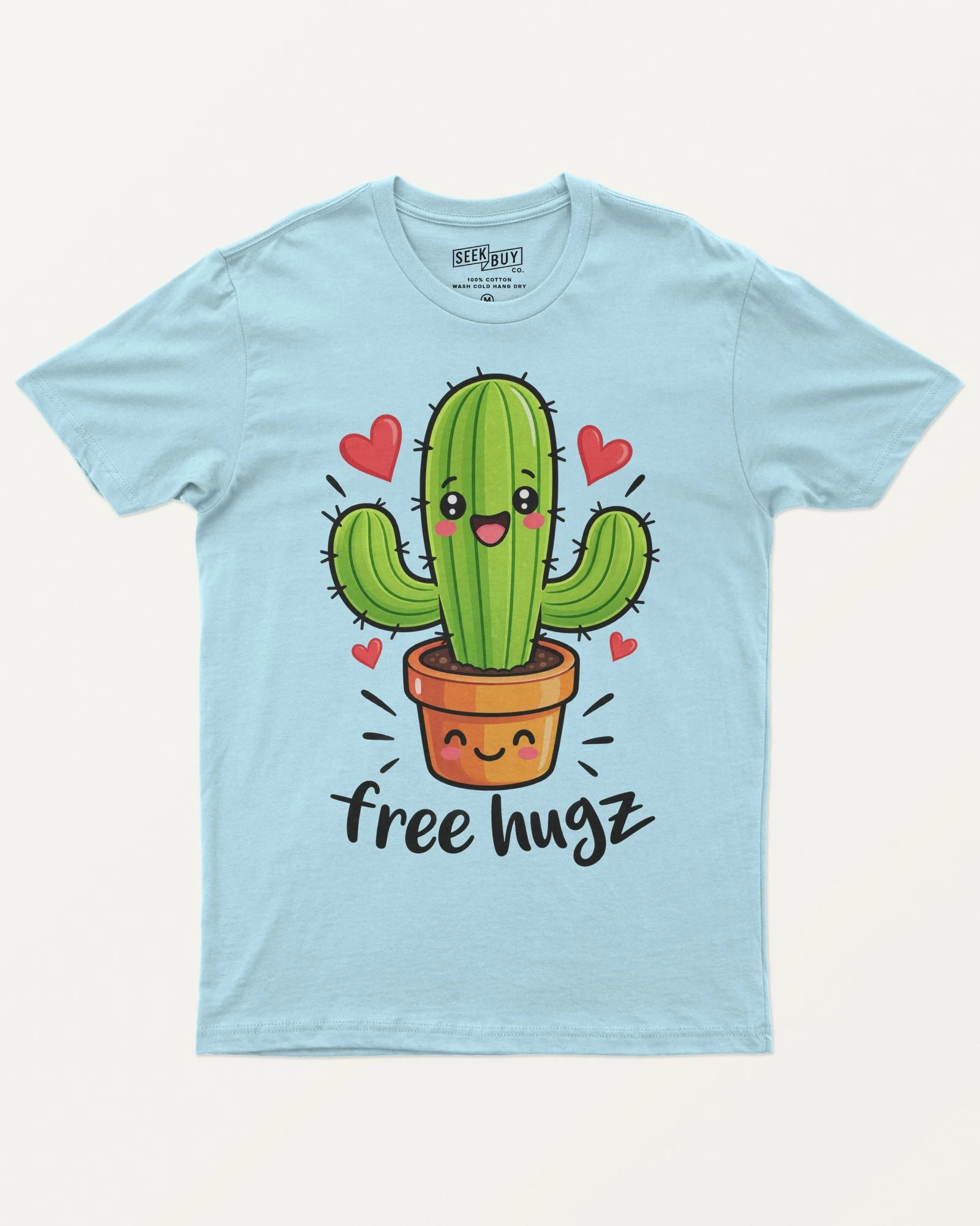 Free Hugz Cactus Regular T-Shirt in Baby Blue — front Free Hugz Cactus Regular T-Shirt in Baby Blue — front