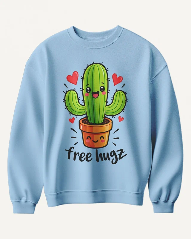 Free Hugz Cactus Sweatshirt in Baby Blue — front