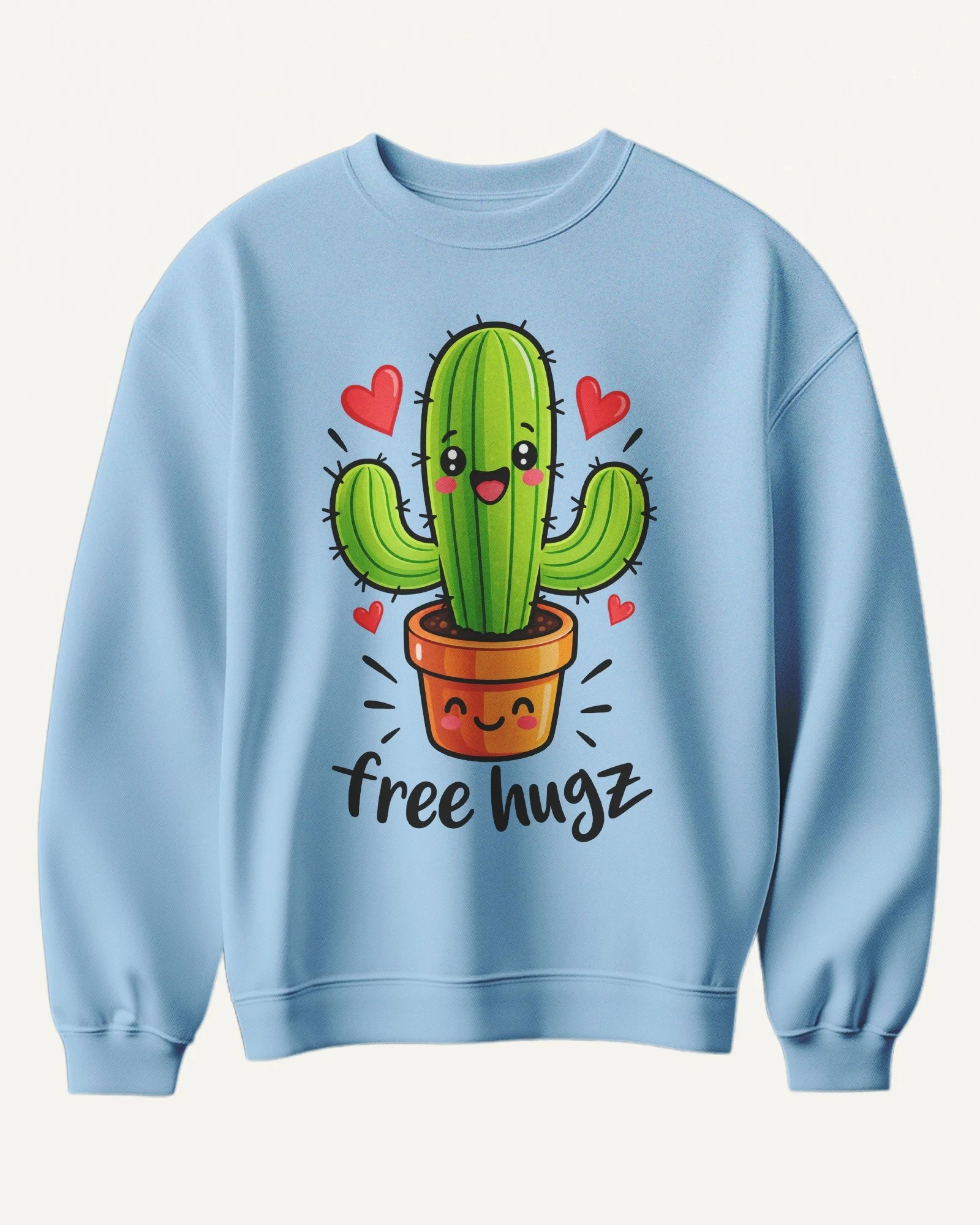 Free Hugz Cactus Sweatshirt in Baby Blue — front Free Hugz Cactus Sweatshirt in Baby Blue — front