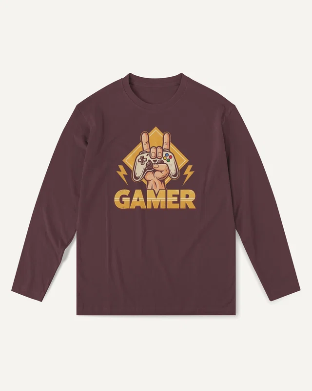 Gamer Hand Long-Sleeve T-Shirt in Maroon — front