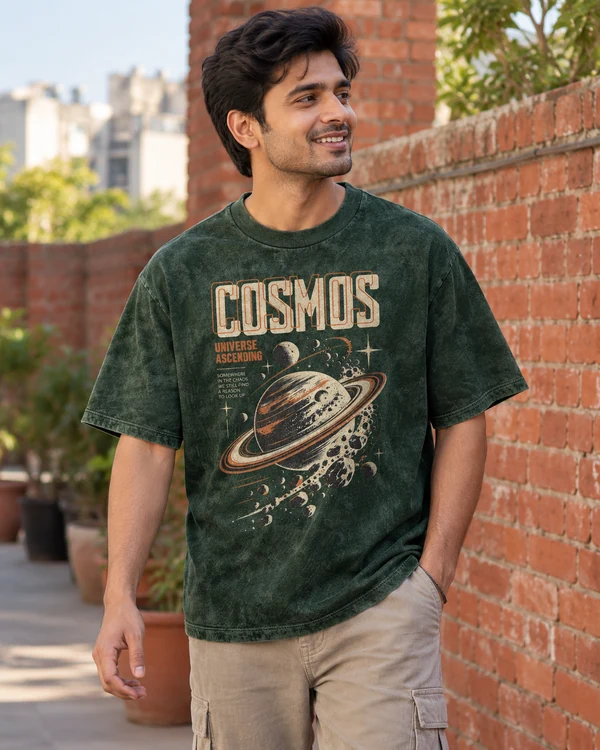 Cosmos Acid-Wash Oversized T-Shirt in Bottle Green — Indian lifestyle photo