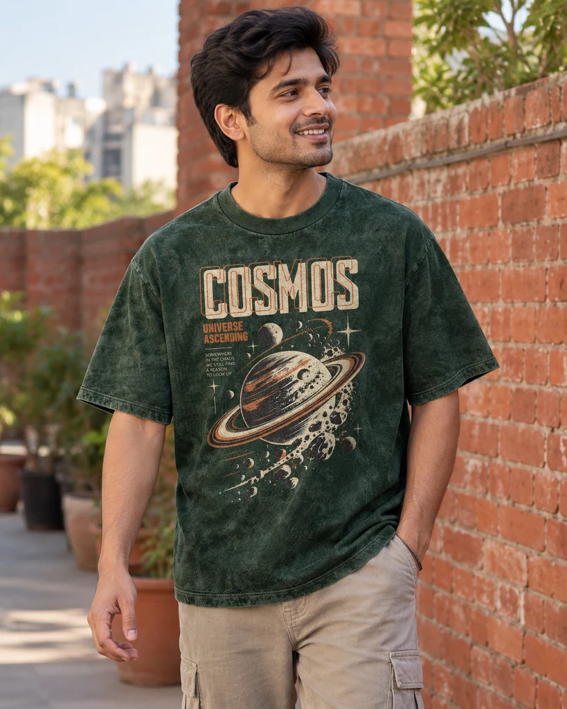 Cosmos Acid-Wash Oversized T-Shirt in Bottle Green — For Brother