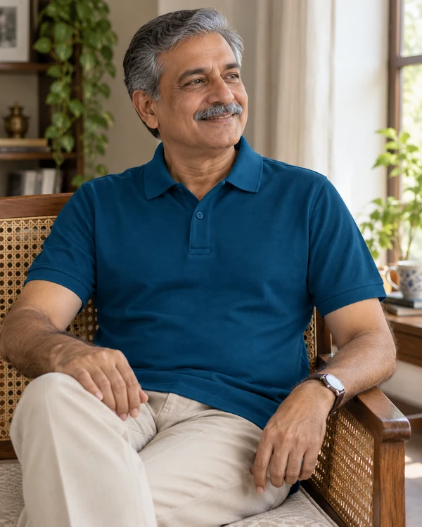 Essential Cotton Polo T-Shirt in Petrol Blue — Indian lifestyle photo