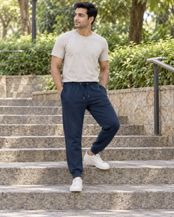 Essential Regular Fit Joggers in Navy Blue — Indian lifestyle photo