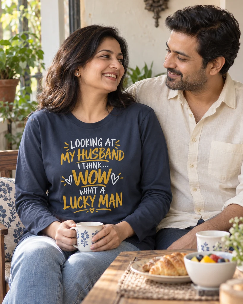 My Husband Is a Lucky Man Long-Sleeve T-Shirt in Navy Blue — Anniversary Gifts