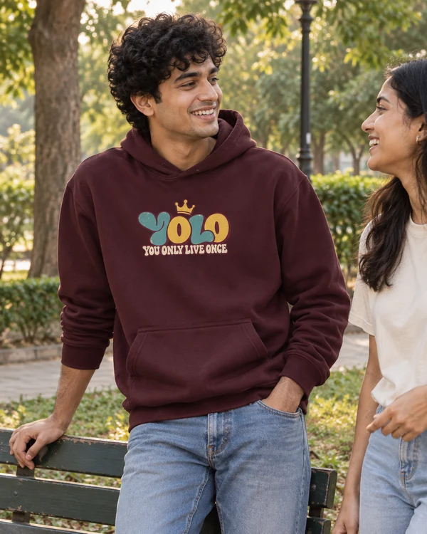 YOLO: You Only Live Once Graphic Hoodie in Maroon — Indian lifestyle photo