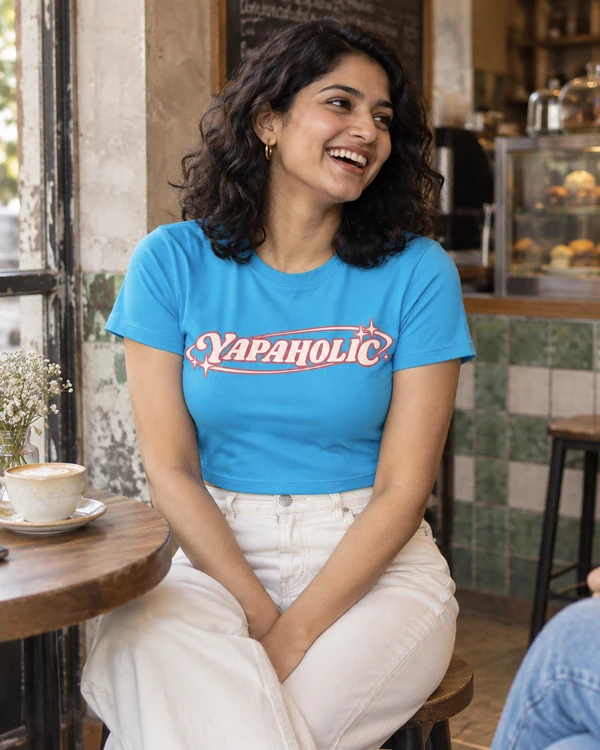 Yapaholic Graphic Crop Top in Sky Blue — Indian lifestyle photo