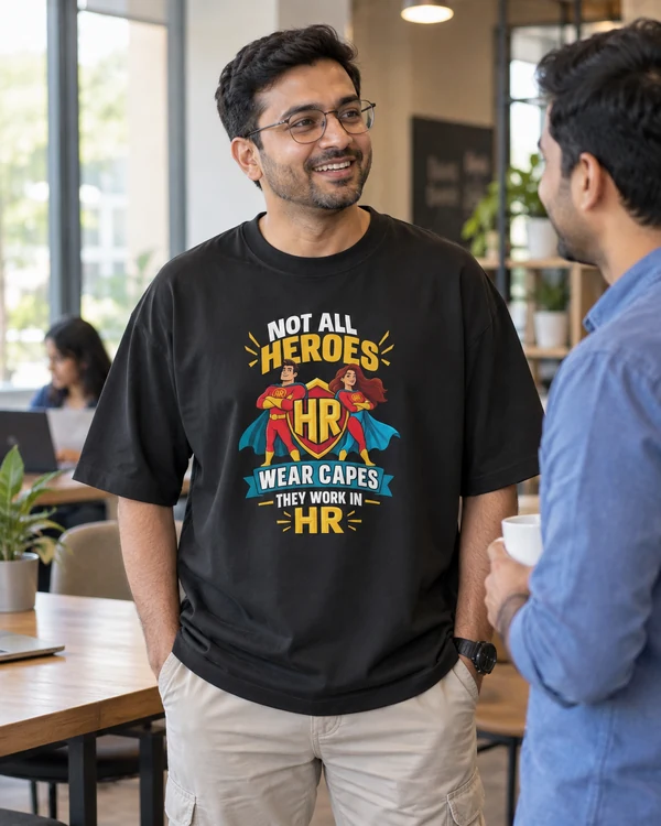 HR Workplace Heroes Oversized T-Shirt in Black — Indian lifestyle photo