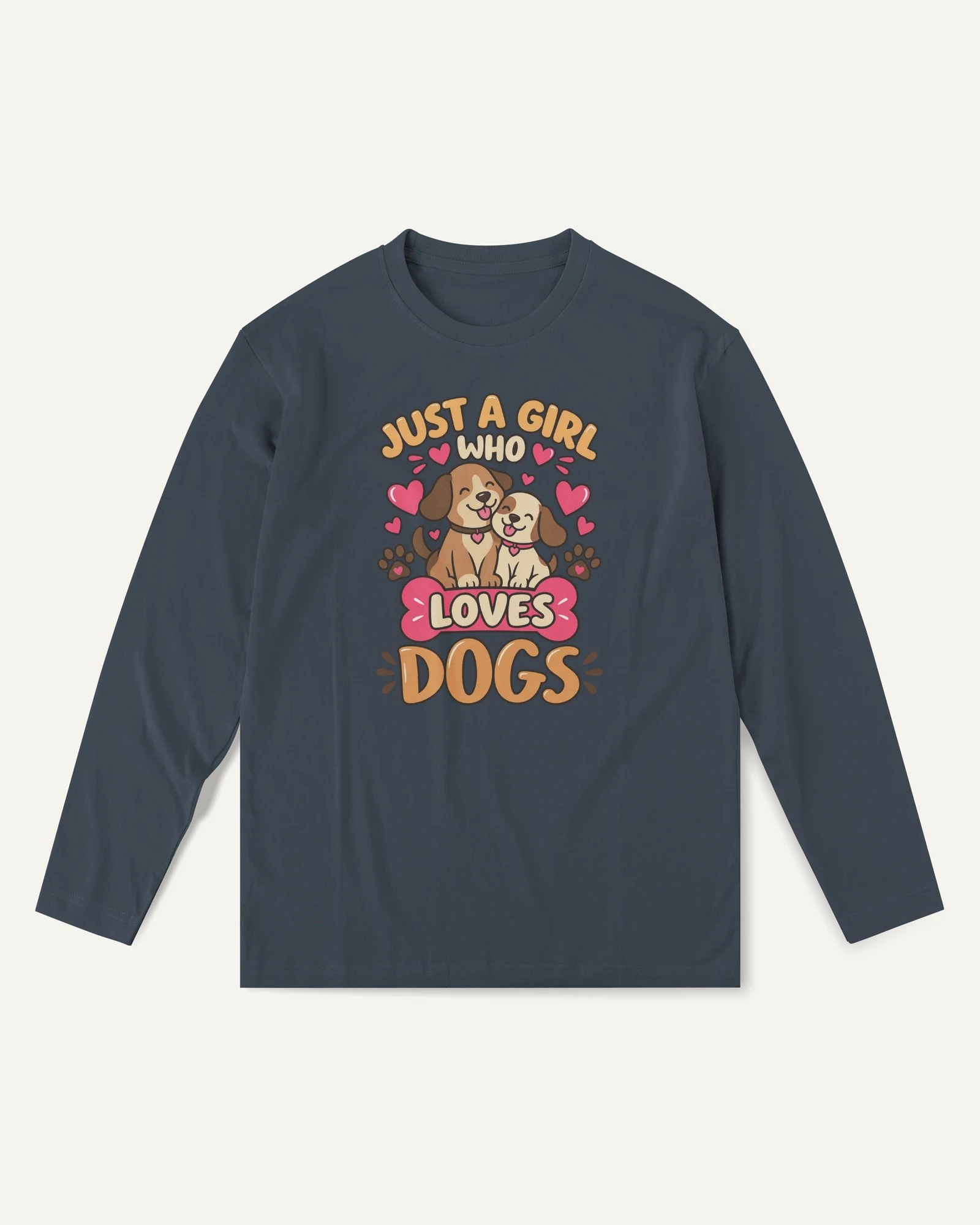 Just a Girl Who Loves Dogs Long-Sleeve T-Shirt in Navy Blue — front Just a Girl Who Loves Dogs Long-Sleeve T-Shirt in Navy Blue — front