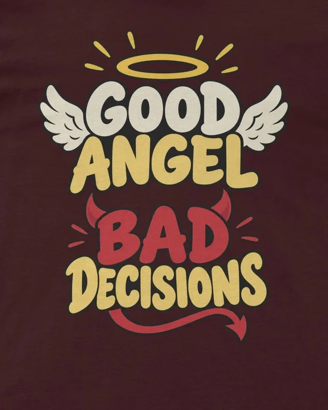 Good Angel Bad Decisions Regular T-Shirt in Maroon — design detail