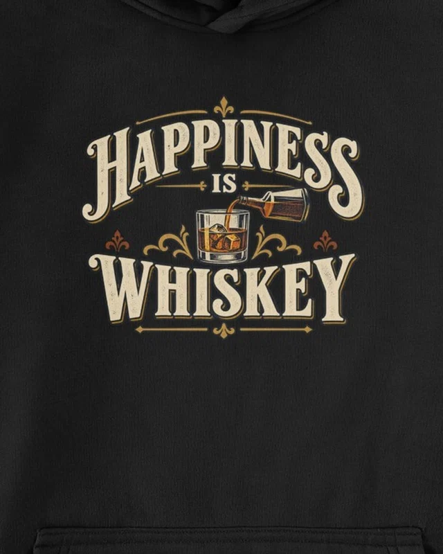 Happiness Is Whiskey Graphic Hoodie in Black — cropped design detail