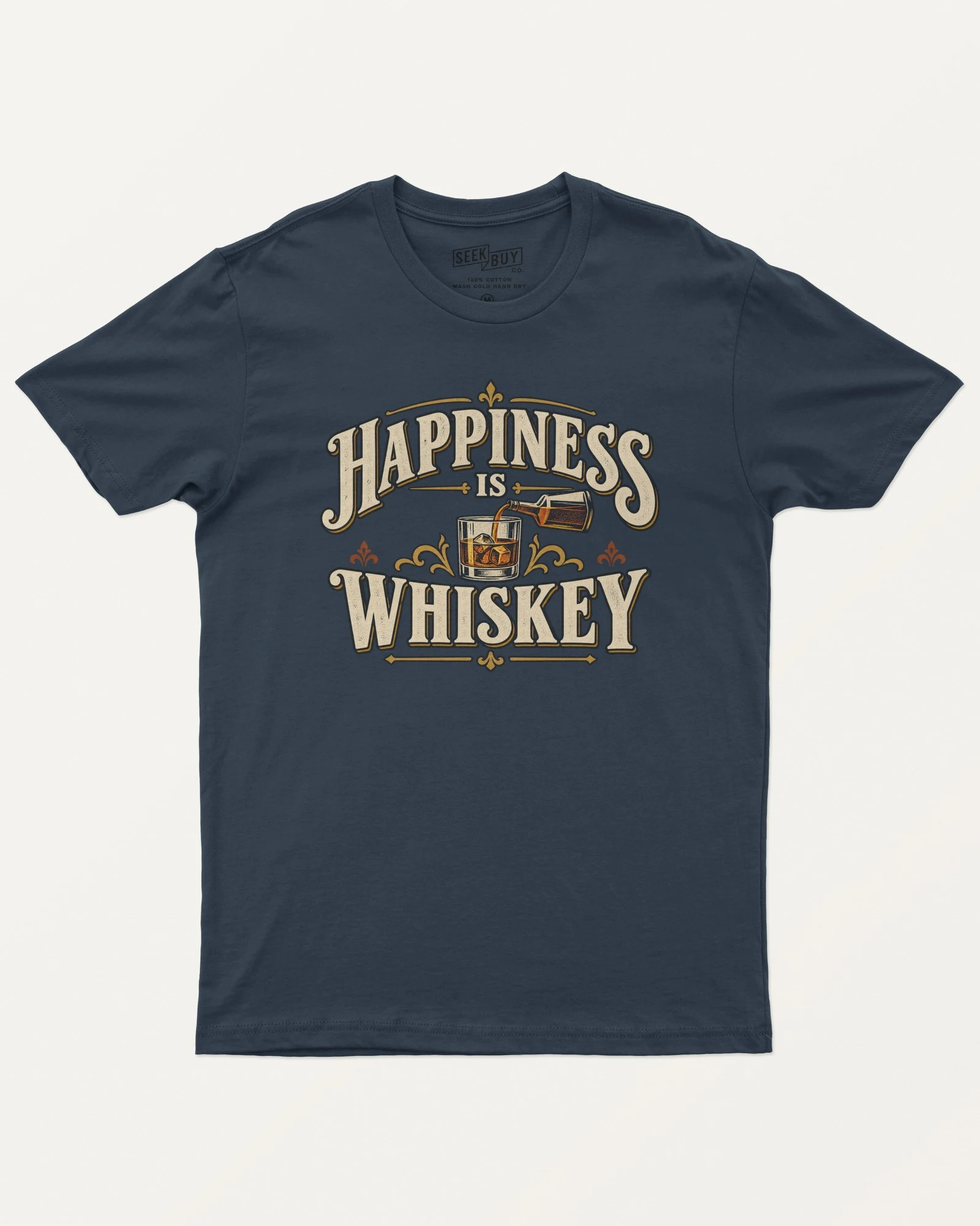 Happiness Is Whiskey Regular T-Shirt in Navy Blue — front Happiness Is Whiskey Regular T-Shirt in Navy Blue — front