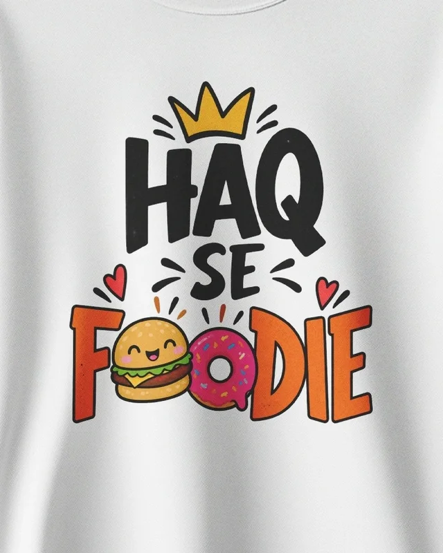 Haq Se Foodie Sweatshirt in White — design detail