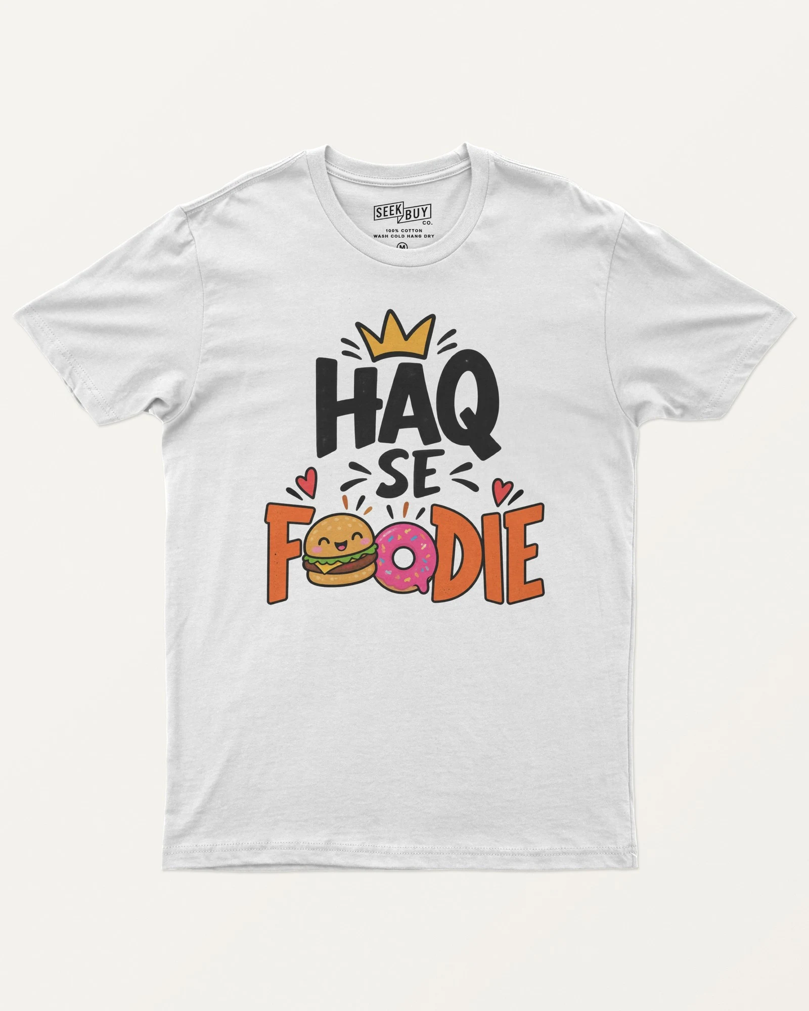 Haq Se Foodie Regular T-Shirt in White — front Haq Se Foodie Regular T-Shirt in White — front