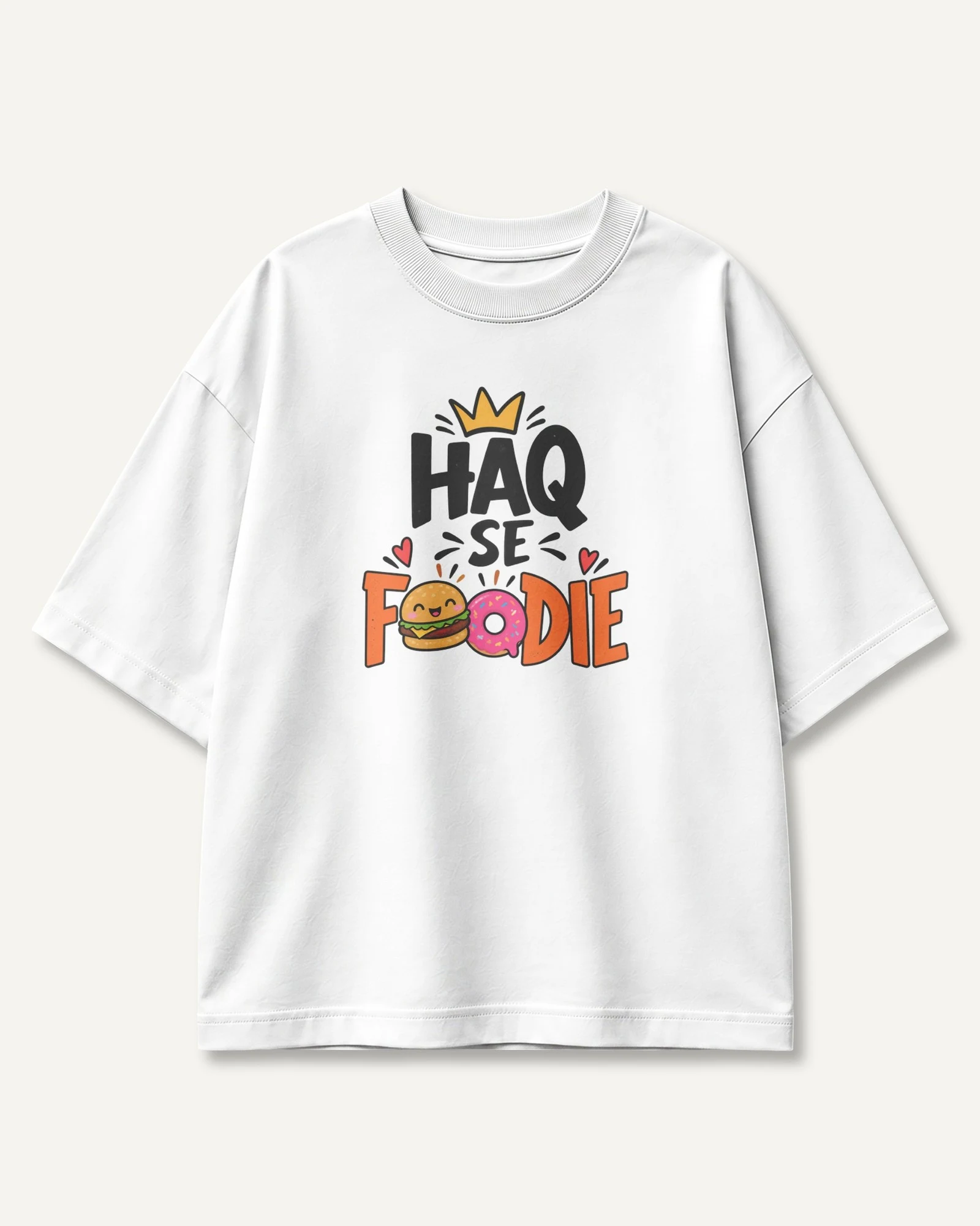 Haq Se Foodie Oversized T-Shirt in White — front Haq Se Foodie Oversized T-Shirt in White — front