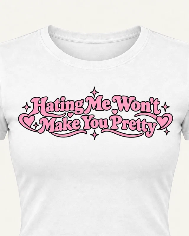 Hating Me Won't Make You Pretty Graphic Crop Top in White — cropped design detail