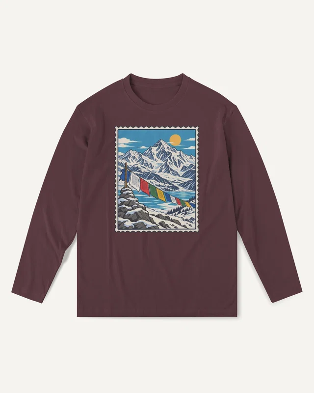 Himalayan Mountains Long-Sleeve T-Shirt in Maroon — front