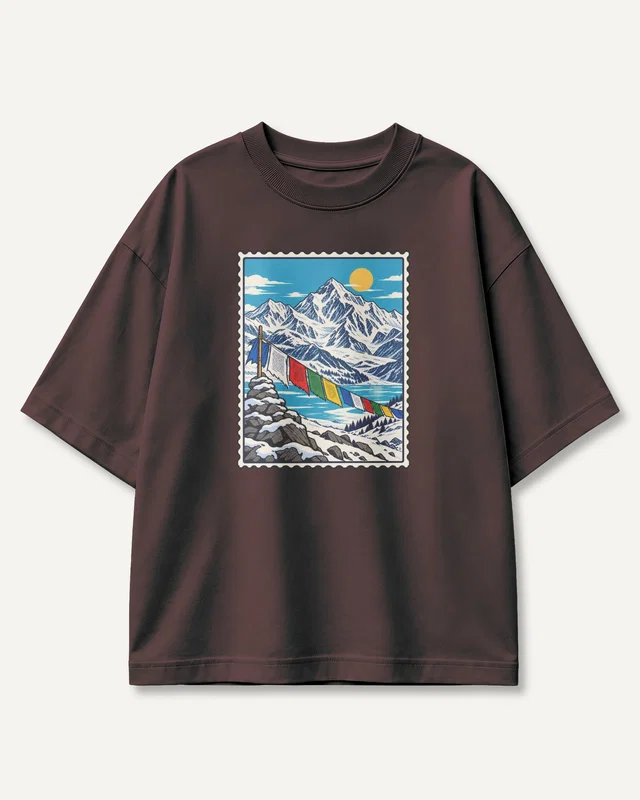 Himalayan Mountains Oversized T-Shirt in Maroon — front