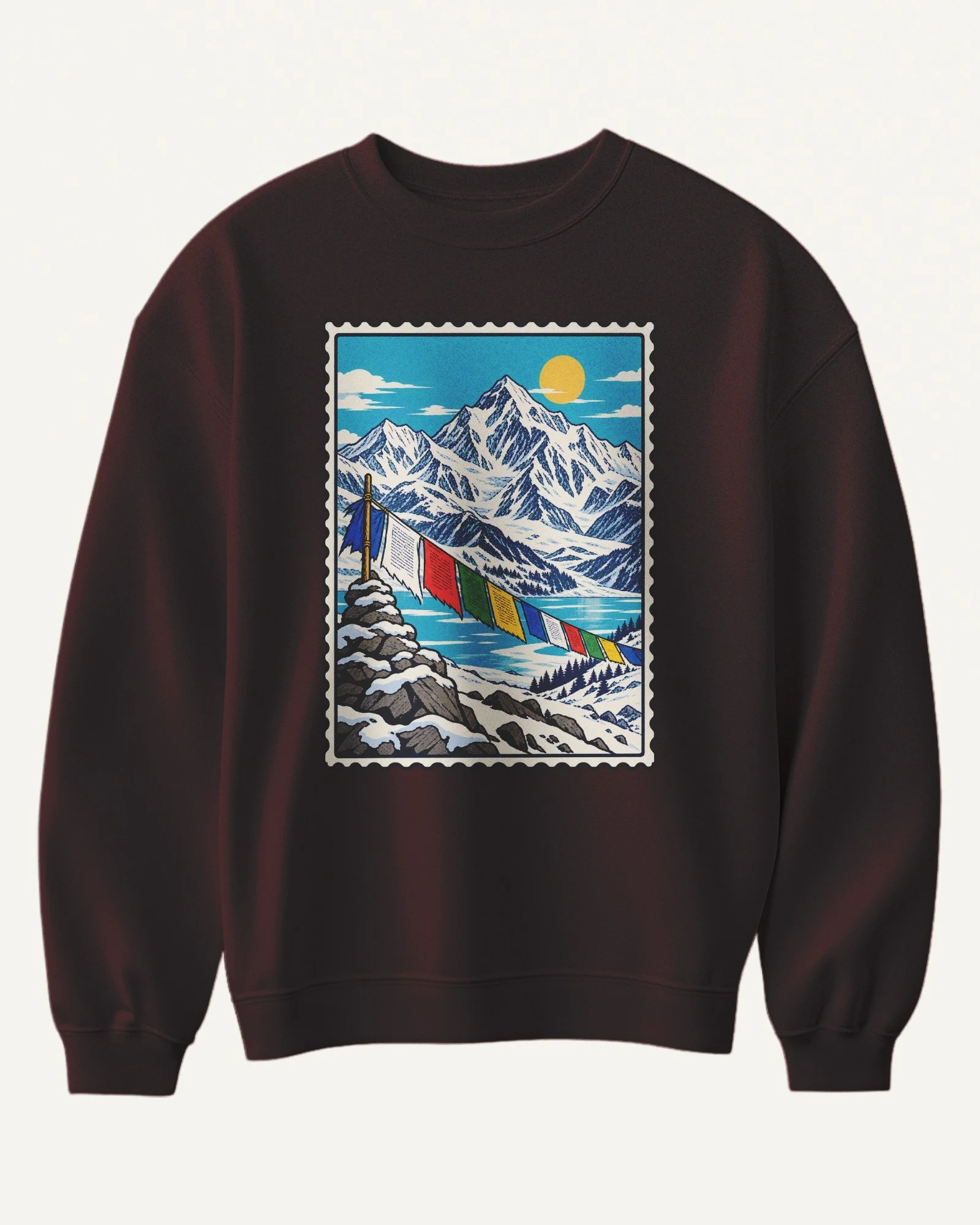 Himalayan Mountains Sweatshirt in Maroon — front Himalayan Mountains Sweatshirt in Maroon — front