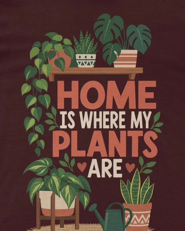 Home Is Where My Plants Are Regular T-Shirt in Maroon — design detail