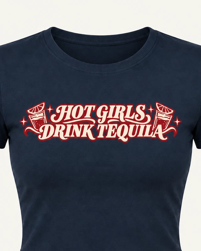 Hot Girls Drink Tequila Graphic Crop Top in Navy Blue — cropped design detail