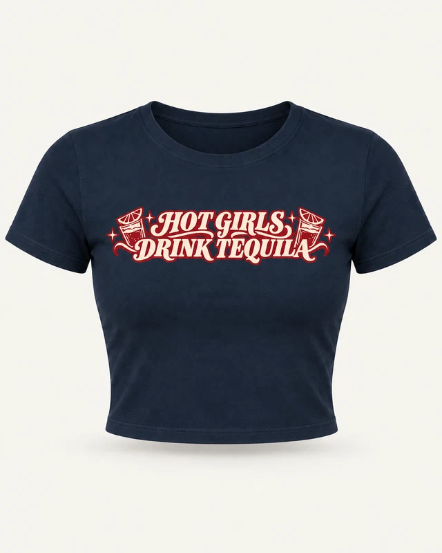 Hot Girls Drink Tequila Graphic Crop Top in Navy Blue — product front