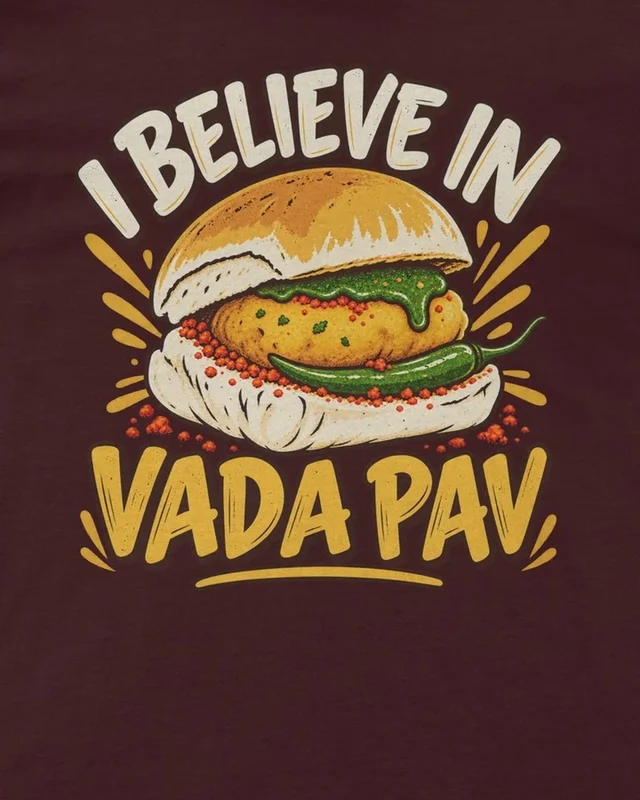 I Believe in Vada Pav Regular T-Shirt in Maroon — design detail