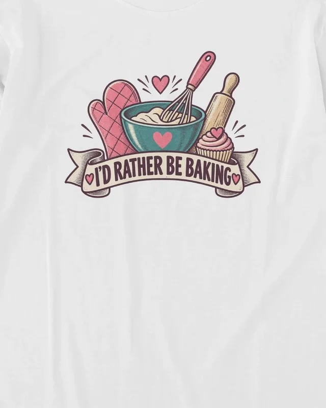 I'd Rather Be Baking Long-Sleeve T-Shirt in White — design detail