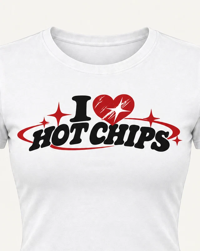 I Love Hot Chips Graphic Crop Top in White — cropped design detail