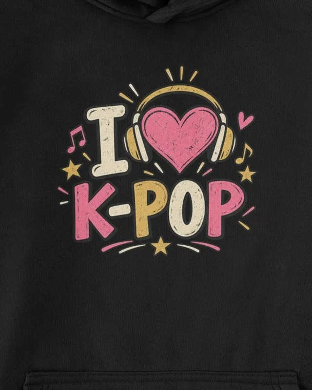 I Love K-Pop Graphic Hoodie in Black — cropped design detail