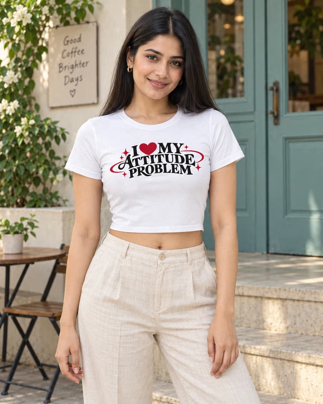 I Love My Attitude Problem Graphic Crop Top in White — model view 1