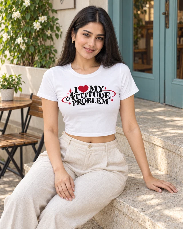 I Love My Attitude Problem Graphic Crop Top in White — model view 2