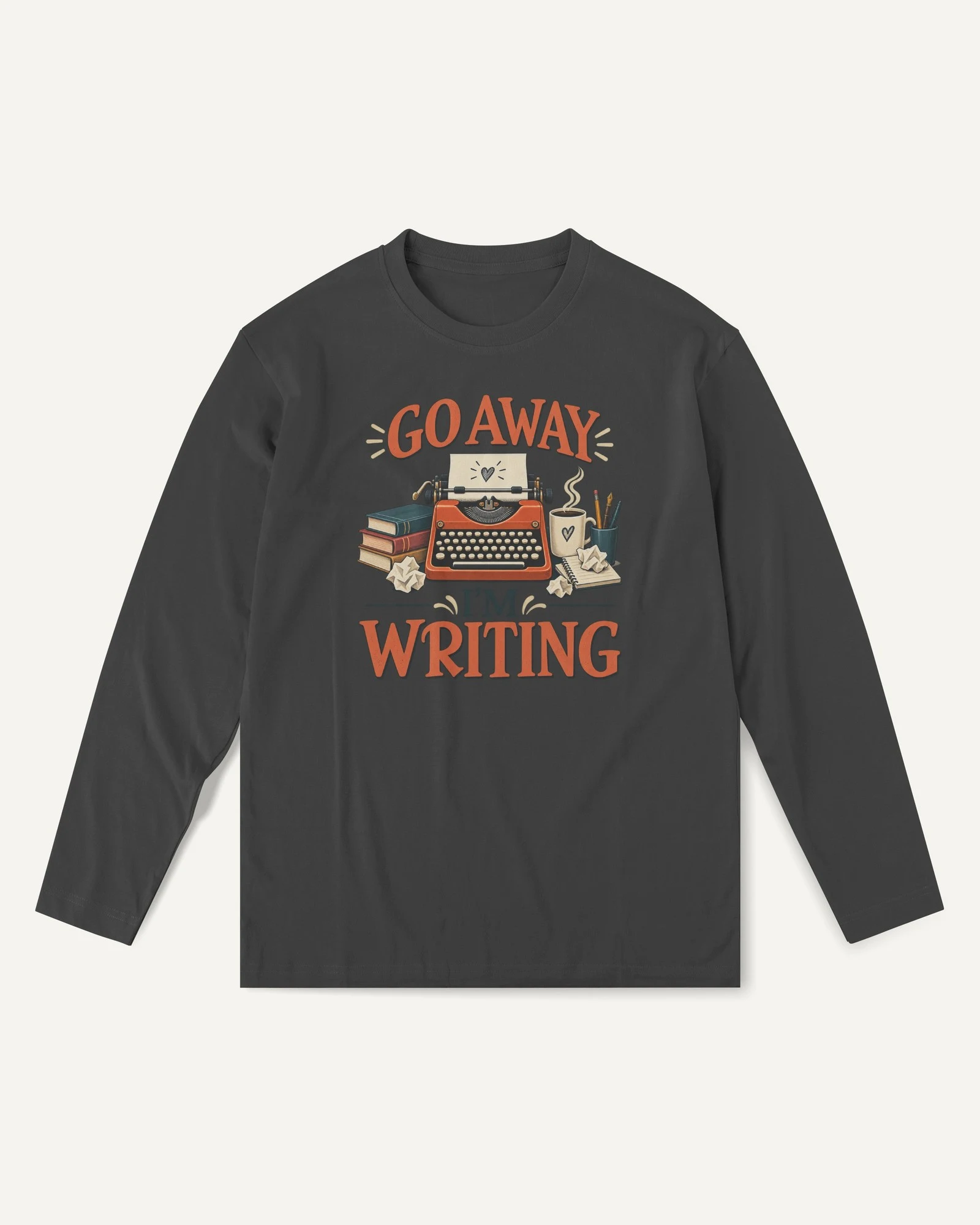Go Away I'm Writing Long-Sleeve T-Shirt in Black — front Go Away I'm Writing Long-Sleeve T-Shirt in Black — front
