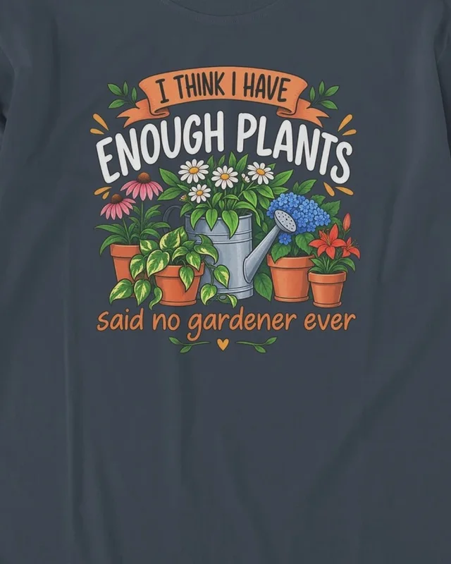 I Think I Have Enough Plants Long-Sleeve T-Shirt in Navy Blue — design detail